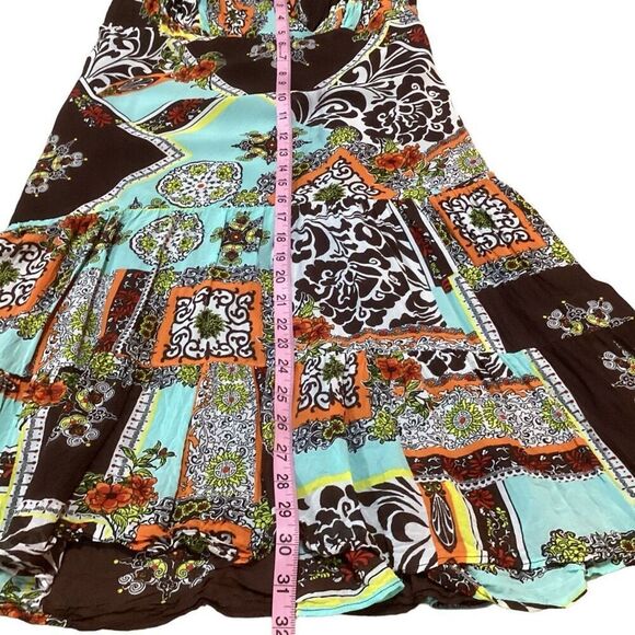Lily A-Line Strap Brown Orange & Teal Patchwork Summer Midi Dress Size Large - Picture 7 of 11